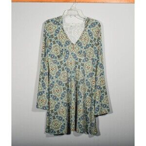 Earthbound Teal Medallion Print Boho Woodland Long Sleeve Hooded Tunic Dress XL